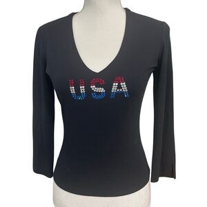 Vintage Cache Navy Blue V-Neck Top USA Rhinestones Medium July 4th EUC Made USA
